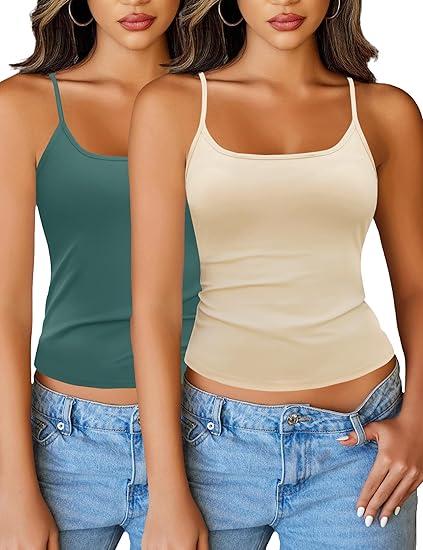 Totatuit 2PCS Summer Tank Tops for Women 2025 Basic Spaghetti Straps Camisoles Scoop Neck Sleeveless Cami Shirts for Under Clothes Nude+Green L