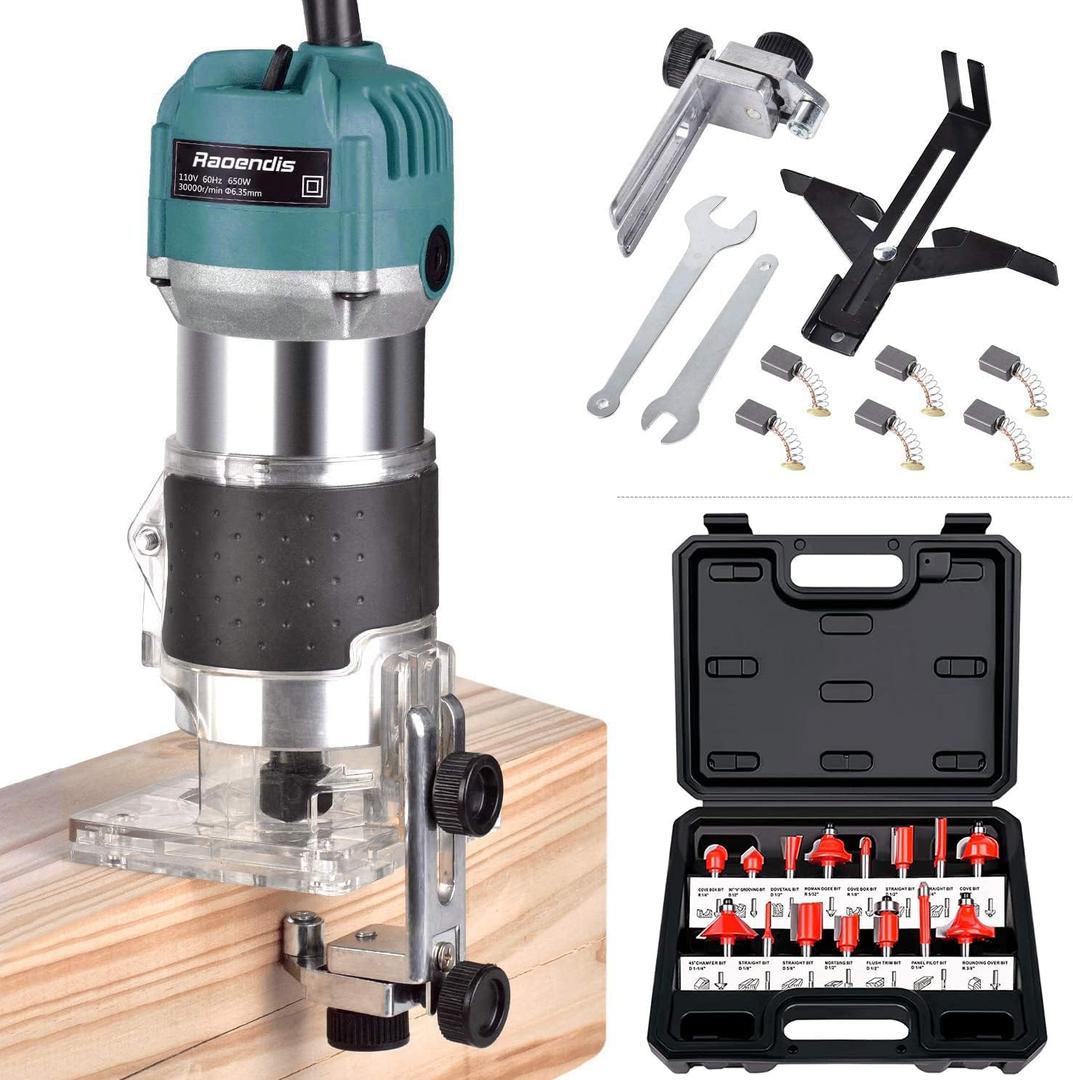 Compact Wood Palm Router Tool Hand Trimmer Woodworking Joiner Cutting Palmming Tool 30000R/MIN 800W 110V with 15PCS 1/4" Router Bits (Blue)