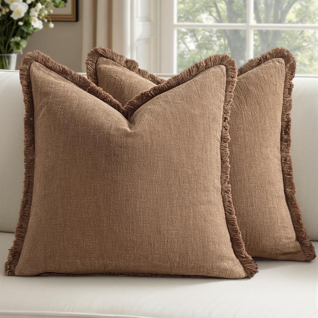 Woaboy Decorative Linen Fringe Throw Pillow Covers Boho Farmhouse Soft Cushion Covers Accent Pillowcases with Tassels for Living Room Couch Sofa Bed Chair,22x22 Inch Set of 2,Brown