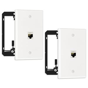 FGB 2 Pack Ethernet Wall Plate, 1 Port Keystone Wall Plate with Bracket and Cat7 Shielded RJ45 Keystone Coupler, Single Gang Ethernet Wall Plate with Mounting Bracket