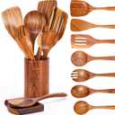 9 Piece Natural Teak Wooden Kitchen Utensil Set with Spoon Rest - Comfort Grip Cooking Spoons and Utensils Holder (9 PCS SET)