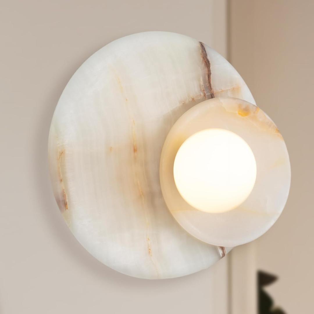 Opaline Cream Sculpture Wall Sconce, Natural Cream Onyx Wall Sconce, Wall Lights for Living Room, Bathroom, Bedroom, 6" Dia x 9.75" h