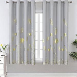 Estelar Textiler Light Grey Blackout Curtains 63 Inches Long, Gold Palm Tree Pattern Light Gray Curtains, Light Blocking Thermal Insulated Grommet Window Drapes for Bedroom, 52Wx63L, 2 Panels