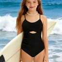 Girl Swimsuit One Piece Bathing Suit Cutout Adjustable Straps Padded High Waisted Girls Swimwear (Black, 15-16 Years)