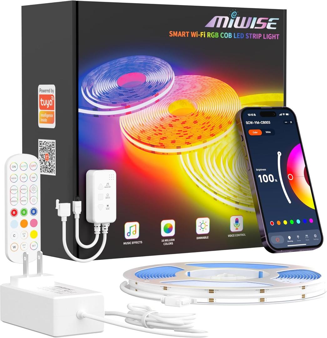 MIWISE RGB COB LED Strip Light 32.8ft/10m,Color Changing Dimmable Super Bright Strip Light 24V,Work with Alexa/Google Assistant/Tuya Multicolor Flexible Tape Light,for TV,Bedroom,Party DIY Decoration