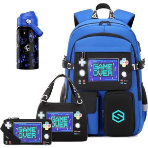 Boys Backpack, Cool Luminous Gamer School Backpacks for Boys with 14oz Insulated Water Bottle Lunch Bag Pencil Case, Kids Backpack Book Bags for Kindergarten Elementary Middle School, Black/Blue  