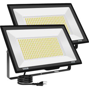 Gopretty 500W Warm White LED Flood Lights Outdoor 2 Pack, 55000LM Super Bright Security Lights with Plug, Commercial Arena Lighting for Yard Court Stadium Fields