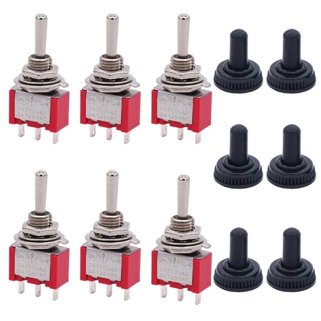RUIAN 6Pcs Mini Momentary Toggle Switch SPDT 3 Position 3 Pins (0N)-Off-(ON) with Metal Bat Waterproof Boot Cap Cover