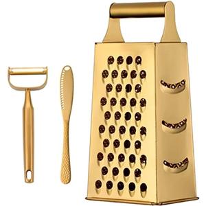 4 Sides Box Grater For Kitchen, Stainless Steel Cheese Grater With Handle, Multi-Function Vegetable Slicer Food Shredder For Chees, Ginger, Vegetables, Dishwasher Safe, Gold