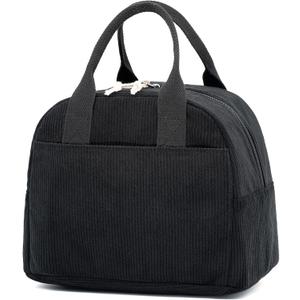 Insulated Black Lunch Bag for Men Women, Stylish Corduroy Tote with Aluminum Lining, Large Capacity Reusable Cooler for Work, Travel, Beach or Picnic, Soft Black Water-Resistant Lunch Box