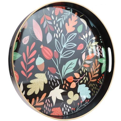 Leemxiiny Round Serving Tray with Handles, Coffee Table Tray for Ottoman, Living Room, Outdoor Tray for Patio Entertaining, Serving Breakfast Kitchen Platter LEE33BH