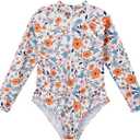 Century Star UPF 50+ Girls Long Sleeve Swimsuit - Rash Guard Swimsuit Toddler Kids Teen One Piece Bathing Suit Zip 2-3T (01 Orange Flower)