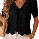 Dokotoo Womens Tie Front Tops Summer V-Neck Puff Short Sleeve Crop Tops Loose Fit Blouses Eyelet Embroidered Shirts