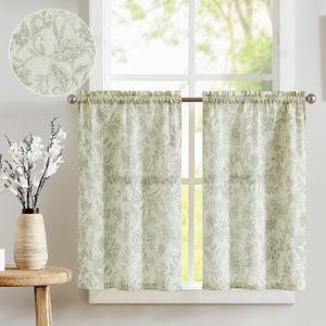 jinchan Floral Kitchen Curtains for Windows 24 Inch Linen Tier Farmhouse Cafe Curtains Country Botanic Small Window Rod Pocket Rustic Flax for Laundry Bathroom RV 2 Panels Sage Green on Beige