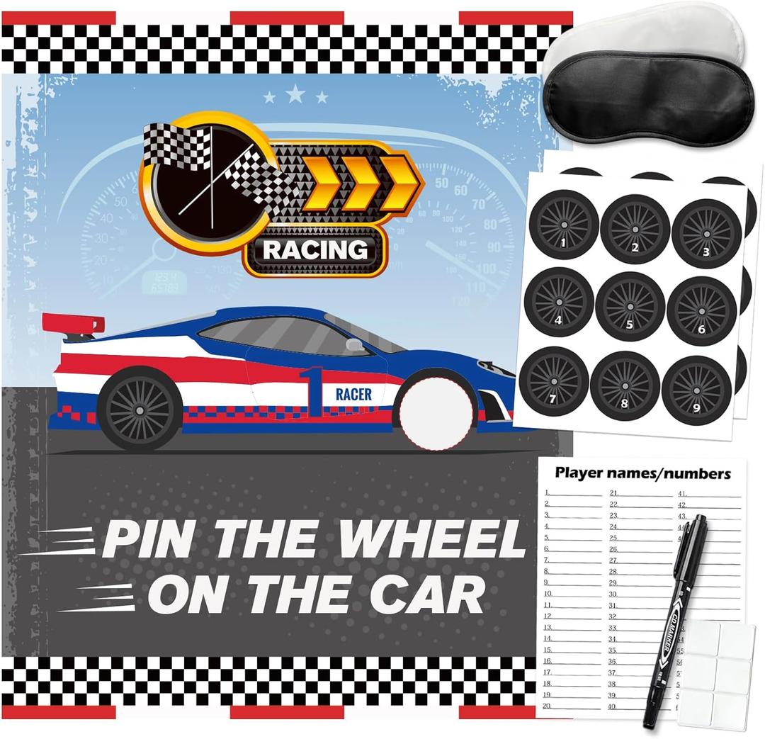 Cars Party Games - Pin The Wheel On The Car, Blue Race Cars Birthday Party Fun Games Supplies Decorations for Kids Families Adult Groups