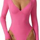 QINSEN Women's Long Sleeve Bodysuit V Neck Body Suits Seamed Cup Going Out Tops Shirt, Size M