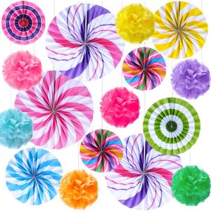 Outus 21 Pcs Party Decorations Hanging Paper Fans Candy Classroom Decorations Lollipop Tissue Pom Poms for Garland Ceilings Candyland Theme Birthday Party Supplies (Pom Poms)