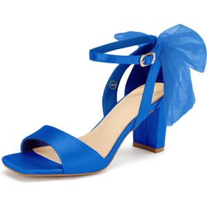 Coutgo Women's Bow Tie Heeled Sandals Chunky Heels One Strap Satin Ankle Buckle Dress Wedding Shoes (8, Royal Blue)