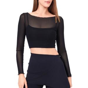 Women's Workout Long Sleeve Yoga Shirts Mesh Gym Athletic Tops with Sports Bra (Medium, Black)