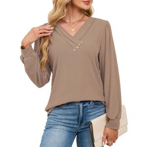 Women's Long Sleeve Tunic Tops Casual V Neck Shirts for Leggings Fall Button Pullover Blouse Dressy Sweatshirt (Medium, Khaki)