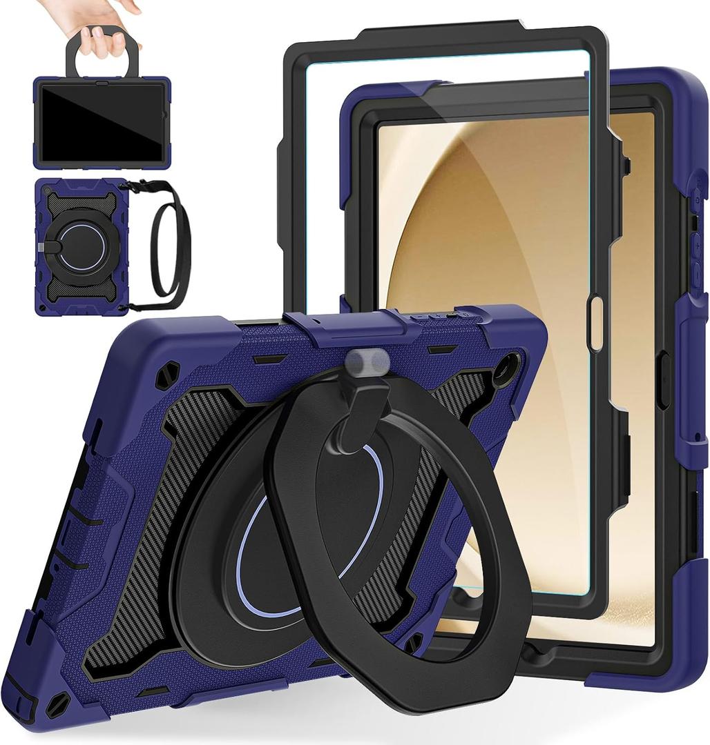 ROISKIN Case for Galaxy Tab A9 Plus 5G/ A9+ 11 Inch with HD Screen Protector & Shoulder Strap,Heavy Duty Military Case for Samsung Galaxy A9 Plus SM-X210/X216/X218 - Rotating Stand for Kids (Navy Blue)