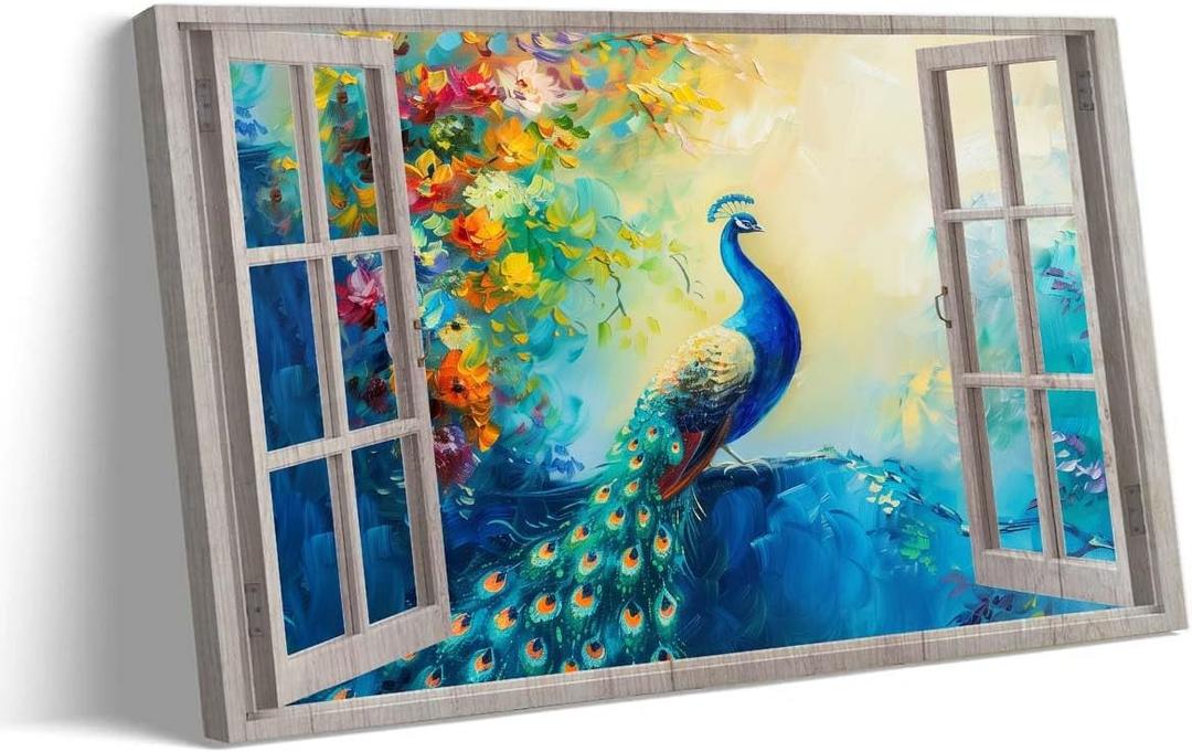 Lnzinro Peacock Wall Art Bird Poster Canvas Framed Animal Wall Decor Painting Artwork, Abstract Outside The Window Flowers Decor Prints for Home Hanging 08x12 inches (12L" x 8W")