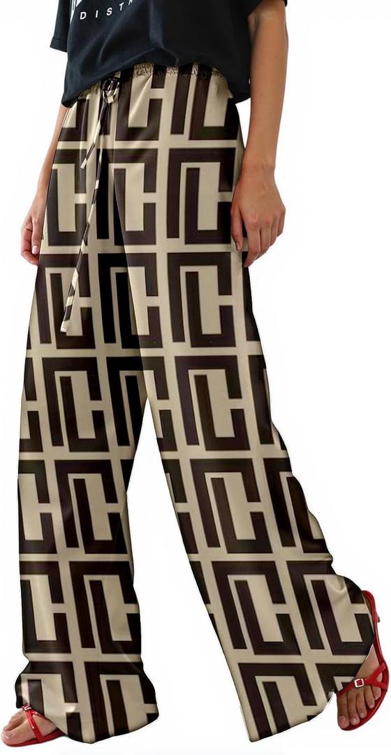 Women Drawstring Leopard Striped Straight Casual Pants (4-Geometric, M) | Color Block Side Striped, Leopard Print, Straight Leg Oversized Pants, Wide Leg Loose Pants (M)