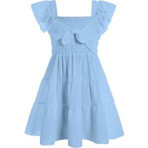 Vogseek Light Blue Girl Dress 5 6 Years Old Kids Square Neck Ruffle Sleeve A Line Swing Dresses Summer Cute Bowknot Tie Frock for Little Girls 5t 6t Valentines Easter School Dance Party Size 6