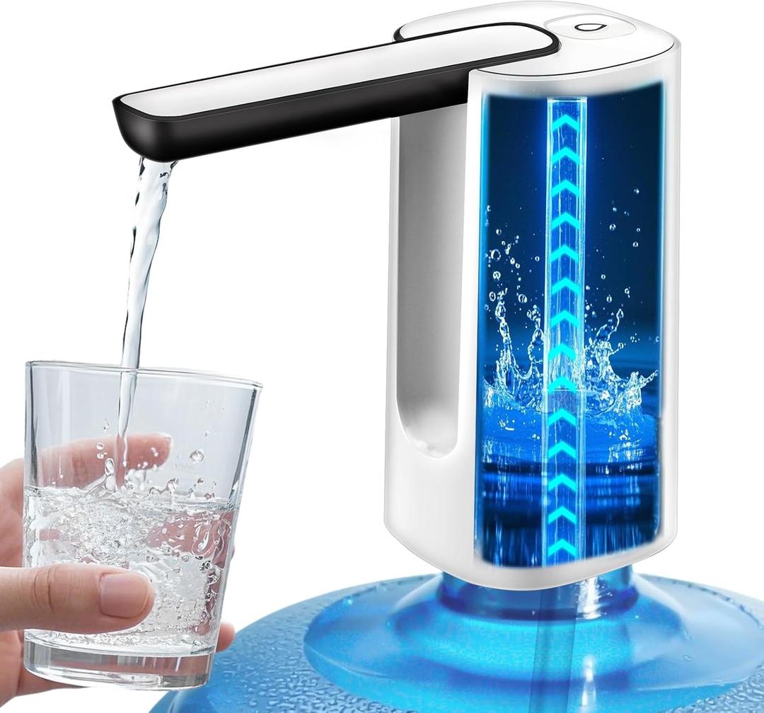 Foldable Water Dispenser for 5 Gallon Bottle, Electric Water Pump for 5 Gallon Jug Rechargable Portable Automatic Low Decibel for Camping Travel Home Kitchen Office (White)