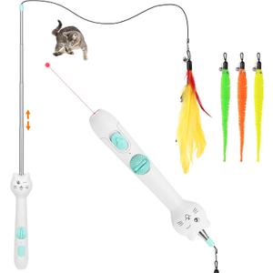 TBTeek Cat Toy, 2in1 Light and Retractable Pole with Feather, Rechargeable, Long Range 5 Modes, Interactive Toy for Indoor Cat Kitten Dog