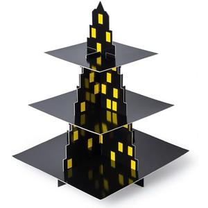 ELGVSK City Skyscraper 3-Tier Superhero Cupcake Stand - Black, Cardboard, Tiered Tray, Rectangular, Birthday, Modern, Solid