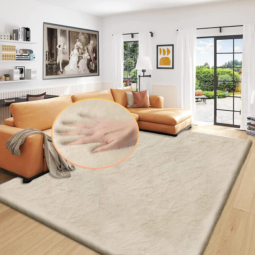 Washable Area Rug 6x9 Rugs for Living Room Camel Plush Faux Bunny Fluffy Fur Rugs for Bedroom Large Shag Nursery Rugs (Beige)