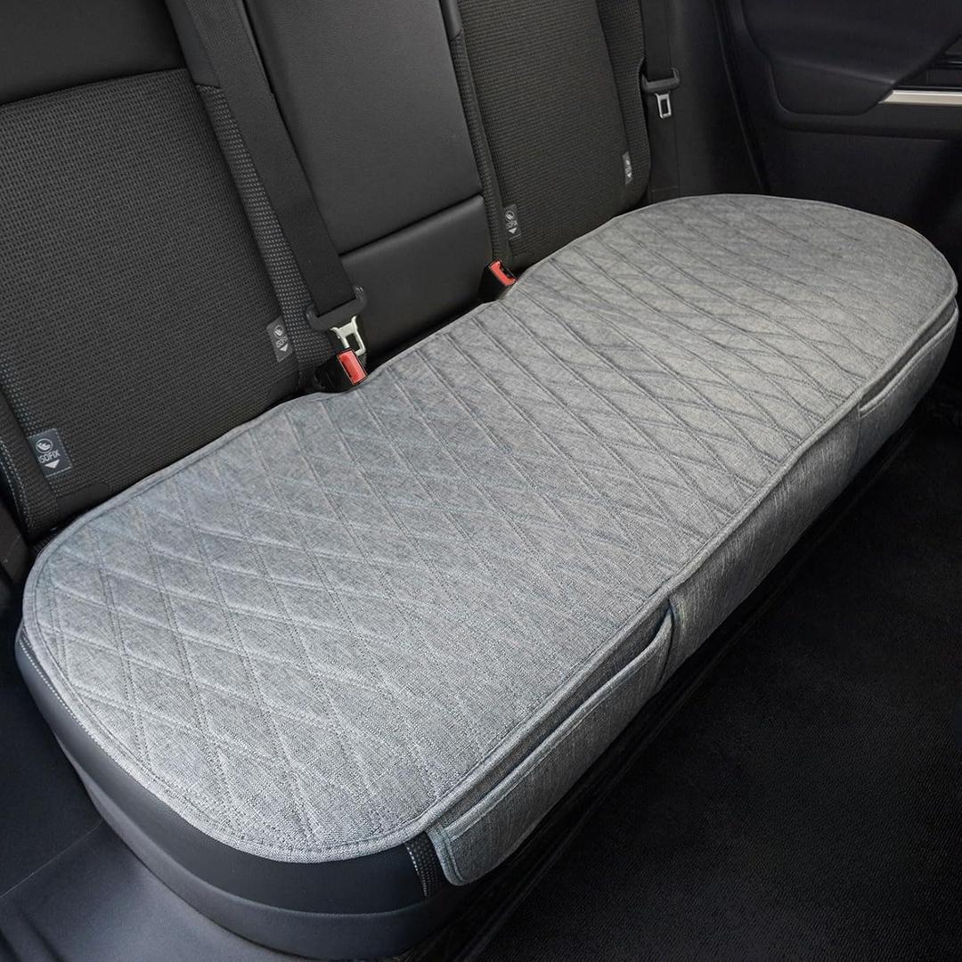 Universal Grey Anti-Slip Rear Car Seat Cover Size M - Faux Linen Bottom Bench Seat Cushion Fits Most of Vehicles Cars Truck SUV Van - Automotive Long Back Seats Protectors with Storage Pocket, Grey