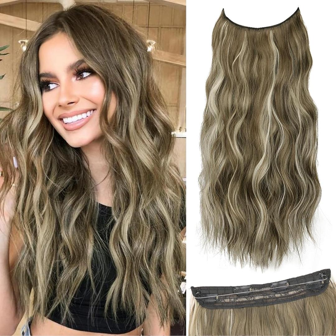 Medium Brown with Ash Blonde Highlight Halo Hair Extensions with Invisible Wire and 4 Secure Clips Wavy Synthetic Hair Extensions for Women Daily Part Use