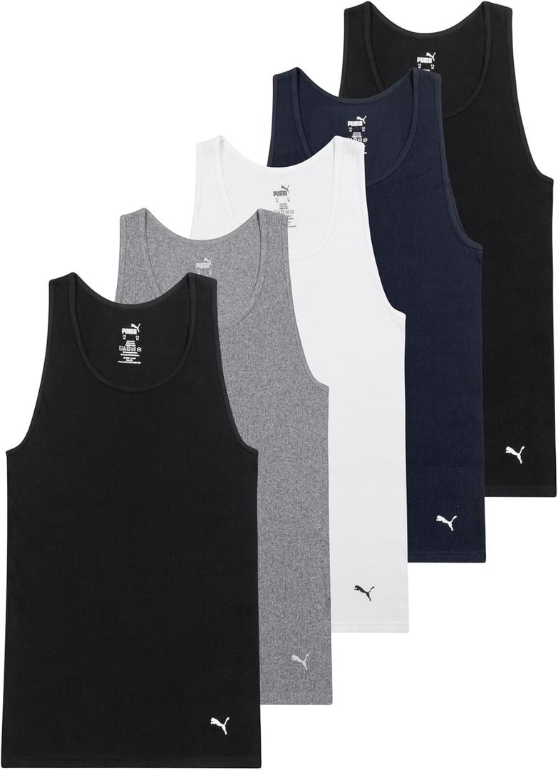 Puma Mens 5 Pack Cotton Rib Tank Top (Large, Black/Grey/White/Navy)