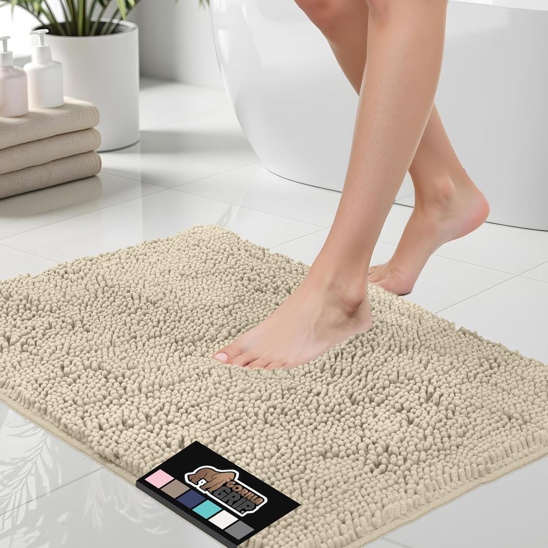 GORILLA GRIP Bath Rug Mat, Thick Soft Absorbent Chenille, Quick Dry Microfiber Mats, Rubber Backing Machine Washable Shower Floor Rugs, Bathmat Runner, Bathroom Home Decor Accessories, 24x17, Sand