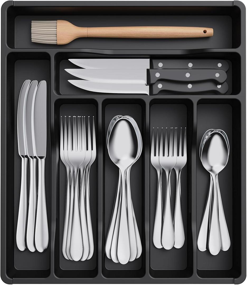 Lifewit Silverware Drawer Organizer Tray, Plastic Cutlery Storage for Kitchen Drawer, Flatware and Utensil Holder Divider for Spoons Forks Knives Tableware, 7 Compartment, Black (12.3*14.2*1.8 inch (7 Slots))