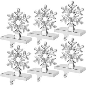 yofit 6 Pcs Christmas Snowflake Stocking Holder, Metal Christmas Stocking Hanger, 3D Silver Stocking Hooks Non-Slip for Fireplace Mantel Window Christmas Home Xmas Party Decor