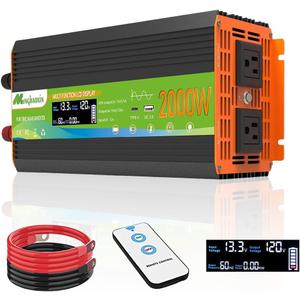 2000W Pure Sine Wave Inverter - Car Power Inverter 12V to 110V,Surge 4000W, Over 95% Efficiency, 2 AC Outlets, LCD Display, 3.0 USB&Type-C Ports, Remote Control, Converter for RV, Home, Solar, Outdoor