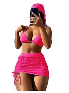 OZYEASE Women's 4 Piece Swimsuits Sexy Bikini Sets Triangle Bathing Suit with Mesh Cover Up Beach Skirt & Bandana (Multicolor, XL)