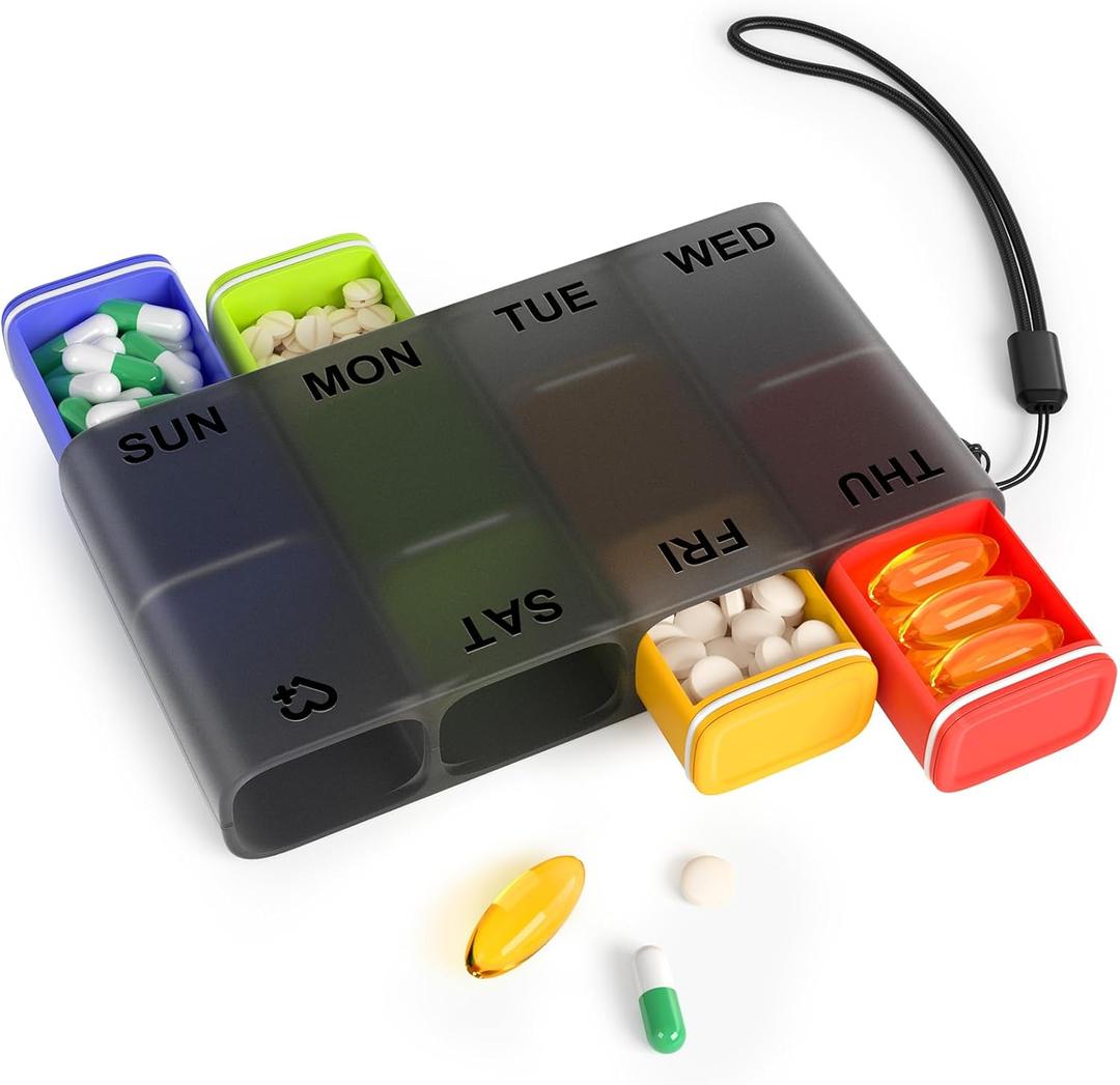 Weekly Pill Organizer 1 Time a Day  Travel Pill Case 7 Day, Small Pill Box 8 Compartments Push Open, with Color Slots, Medicine Organizer for Fish Oil, Vitamins, with Wrist Lanyard, BPA Free, Black