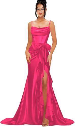 QUANJINR Ruffle Corset Prom Dresses with Bows for Teens 2025 Spaghetti Straps Mermaid Cocktail Dress Long with Slit Size 10