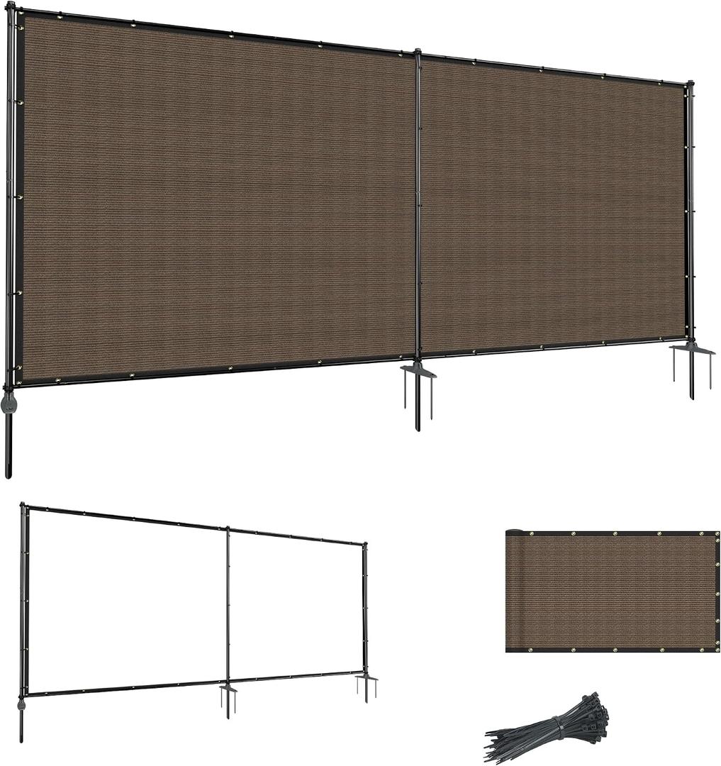 5'Hx12'W Outdoor Freestanding Privacy Screen Fence Panels with Iron Poles, Mesh Shade Net Cover Temporary Fencing for Patio Backyard Garden Deck, Brown