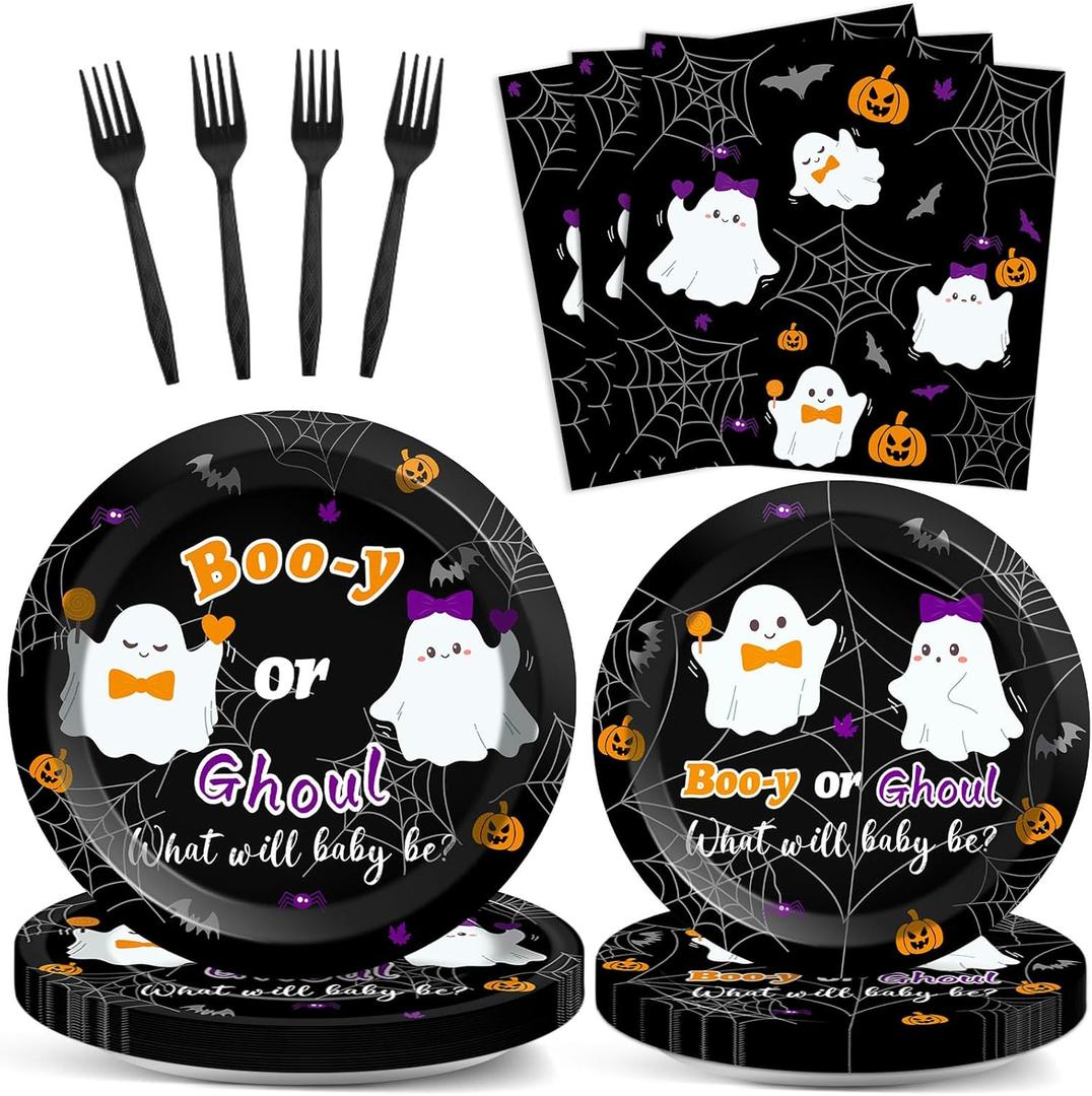 96PCS Halloween Gender Reveal Party Decorations Booy or Ghoul Ghost Tableware Set Supplies for 24 Guests Halloween Gender Reveal Plates Napkins Forks for Boys or Girls Baby Shower Party Favors