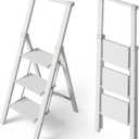 Taranta 3 Step Ladder, Portable Folding Ladder with Wide Pedal, Lightweight Aluminum Step Stool with Convenient Handgrip, 330 lbs Capacity Stepladder for Home, Office - White