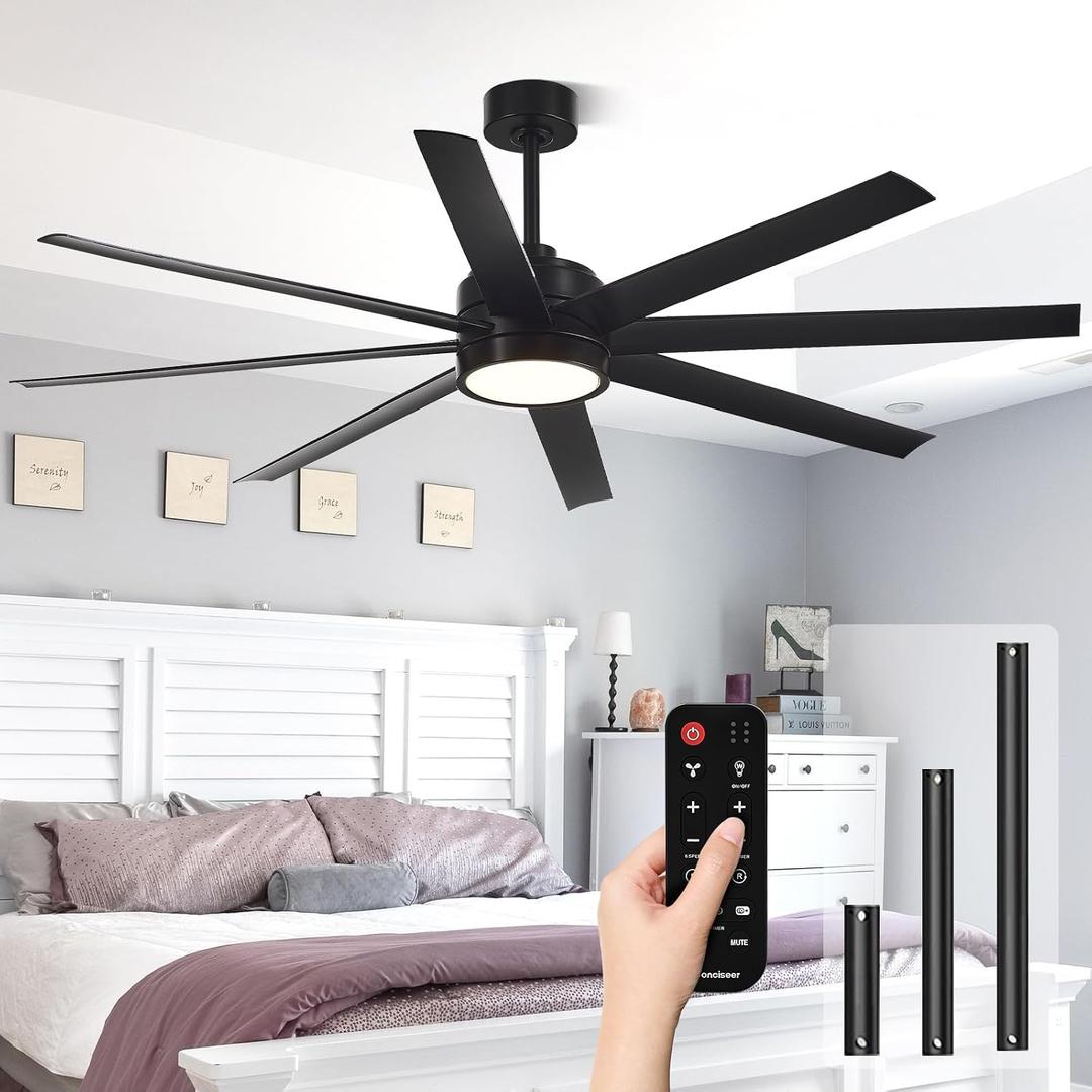 Modern Ceiling Fans with Lights, 65 Inch Ceiling Fan with Light and Remote for Bedroom Living Room Kitchen Office, Indoor/Outdoor Use, 24W 3CCT 8 Blades 6 Speed Reversible Quiet DC Motor, Black