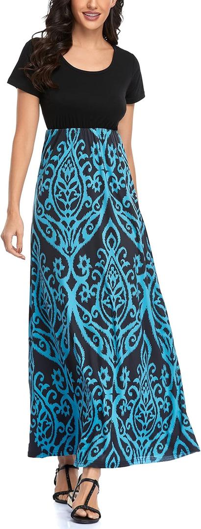 Mommy Jennie Women's Maxi Dresses Short Sleeve Long Casual Summer Sundresses (XX-Large, B10 Blue Print)