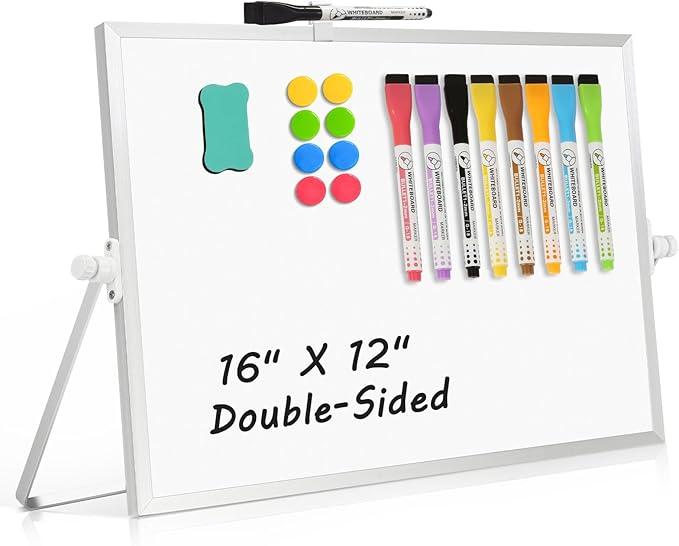 Dry Erase Magnetic White Board, 16" x 12" Double-Sided Desktop Whiteboard with Stand, Portable Small Whiteboard Set for Drawing, Office, Home
