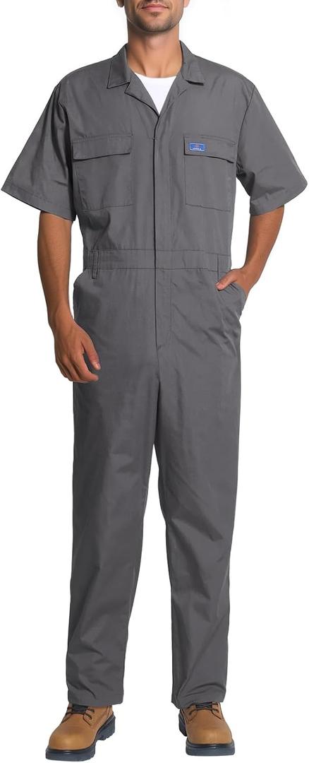HISEA Men's Short Sleeve Zip Up Coverall, Twill Stain & Wrinkle Resistant Mens Work Coverall with Multi Pockets (Gray)