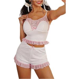 SweatyRocks Women's 2 Piece Pajama Set Ruffle Trim Crop Cami Top and Shorts Cute Lounge Set (White)